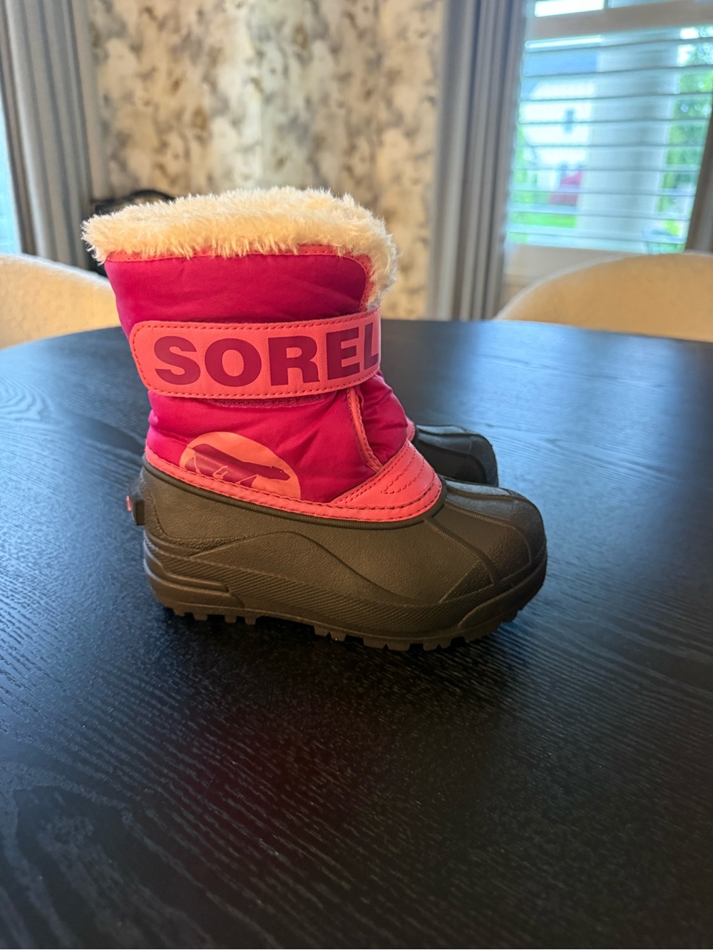 Sorel Pink and Black Kids Snow Boots with Faux Fur Cuff